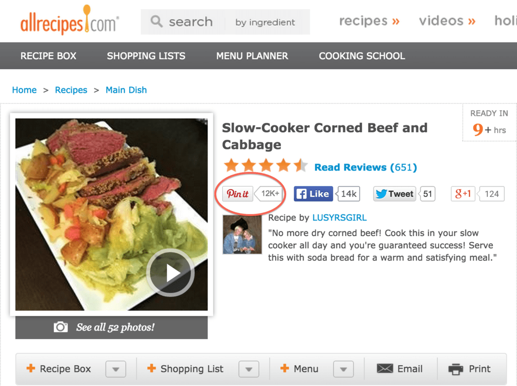 Example of how Allrecipes uses the Pinterest Pin It button