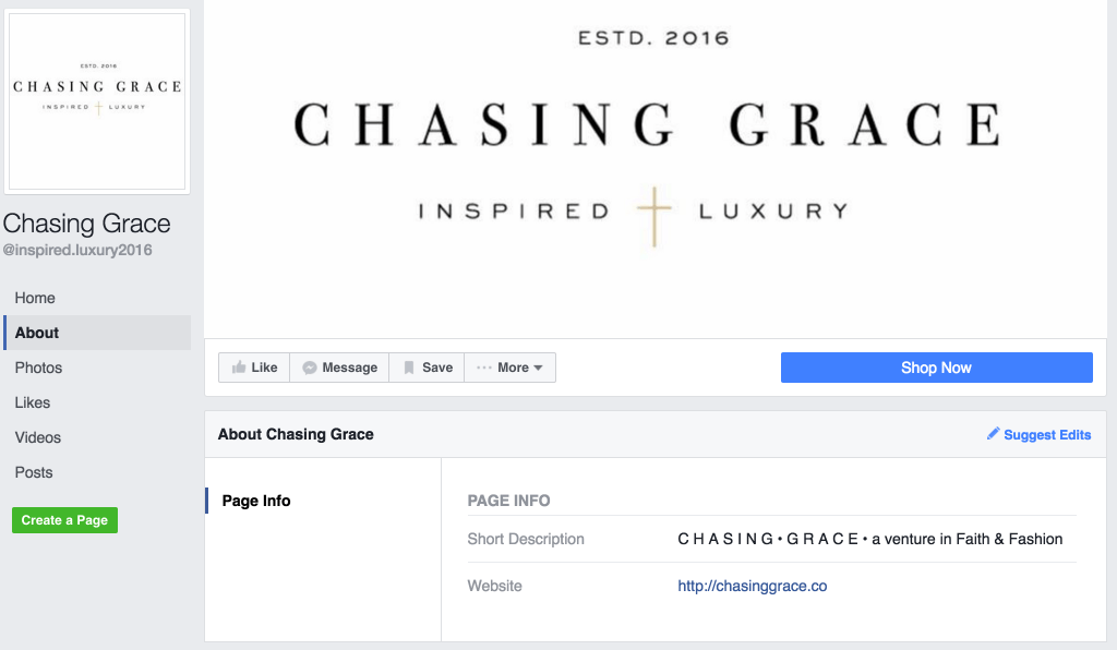 Snapshot of Chasing Grace Facebook Bio page.