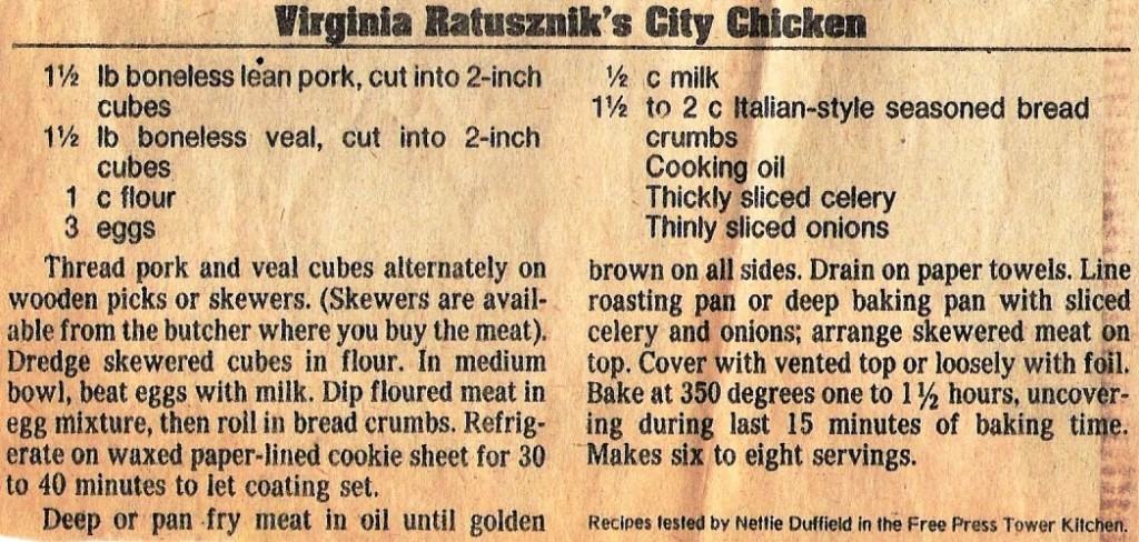 Recipe from The Free Press Virginia Ratusznik's City Chicken