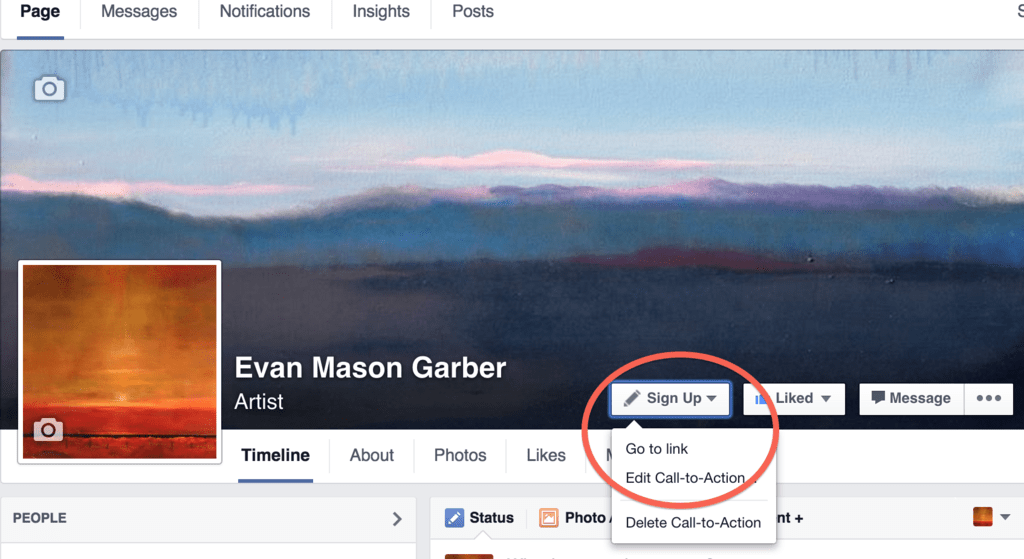 Evan Garber Facebook page Call to Action example