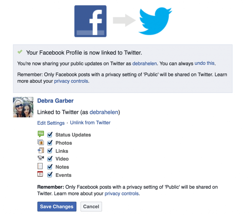 Link Facebook to Twitter settings to setup your account
