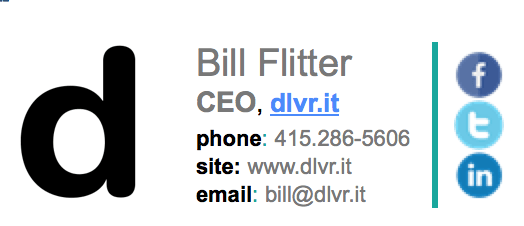 CEO, Bill Flitter's email signature with social media icons
