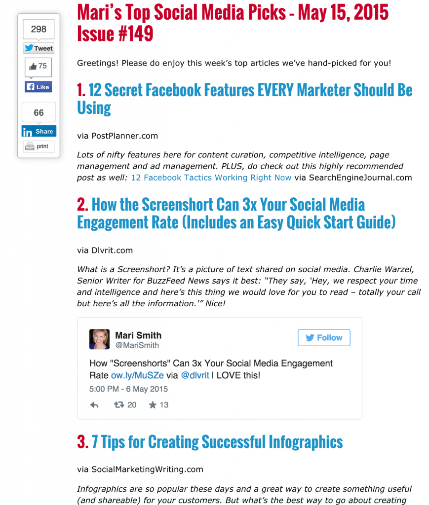 Example of Mari Smith's Top Social Media Picks – May 15, 2015 Issue #149 (a curation strategy)
