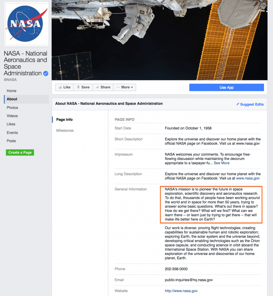 Snapshot of NASA's Facebook Bio Milestones page