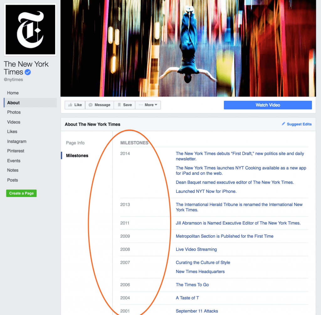 Snapshot of New York Time's Facebook Bio Milestones page
