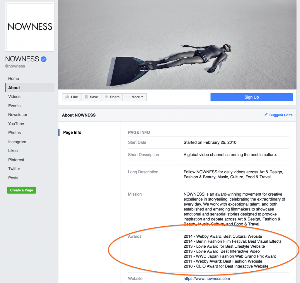 Snapshot of Nowness Facebook Bio page.