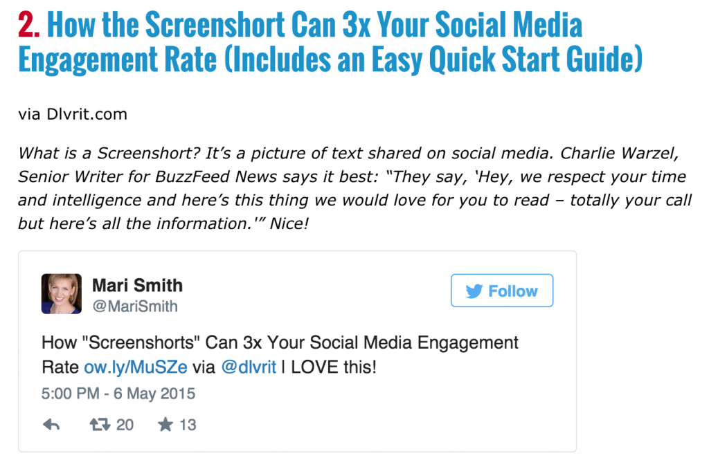 Mari Smith's recommendation on the blog post How the Screenshort Can 3x Your Social Media Engagement Rate  (via Content Curation)