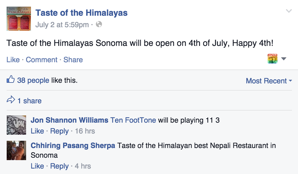 Taste of the Himalays open for business on 4th of July