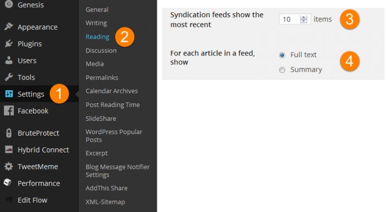 Wordpress RSS feed settings
