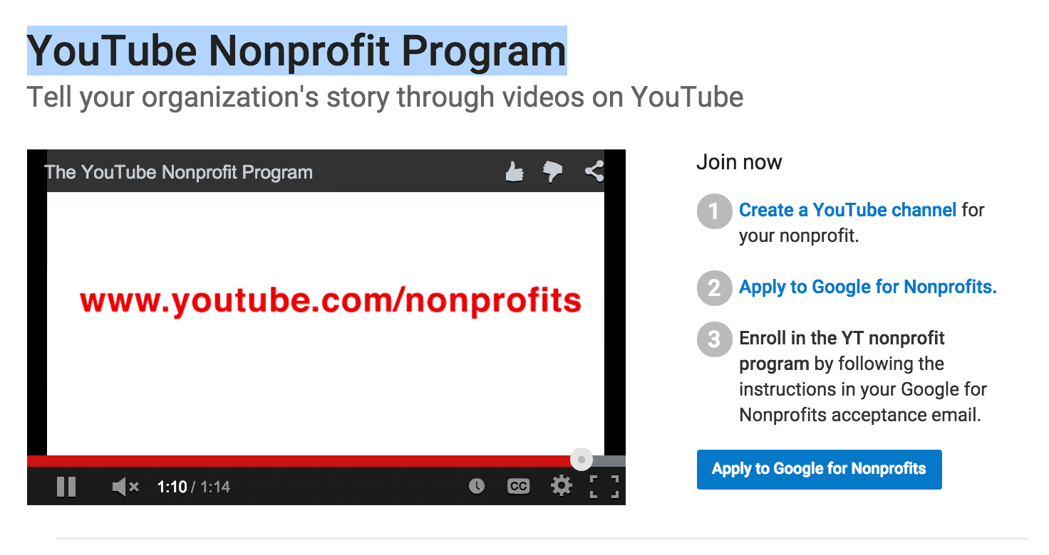 YouTube Nonprofit Program: https://www.youtube.com/nonprofits
