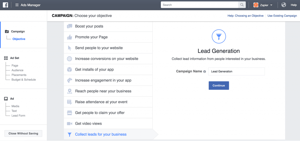 Zapier Facebook Lead Ads Integration step 2